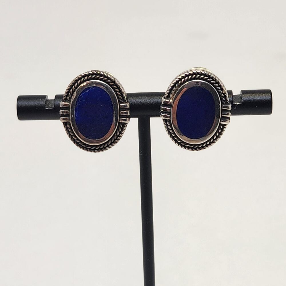 Sterling Silver 925 Lapis Lazuli Oval Leverback Earrings Vintage Tribal Textured